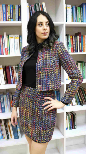 Tweed Blazer And Skirt Co Ord Set Multicolor Office Wear 2